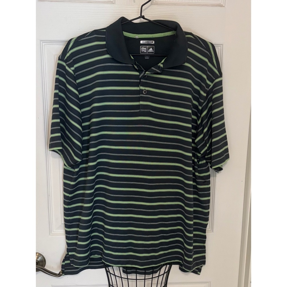 Adidas ClimaCool Men's Large Black Green Striped Performance Golf Polo